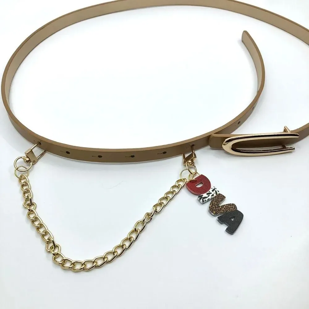 Tan Y2K Diva Charm Skinny Faux Leather Chain Belt, Fits 36.5-39 Inches, X7GA1239